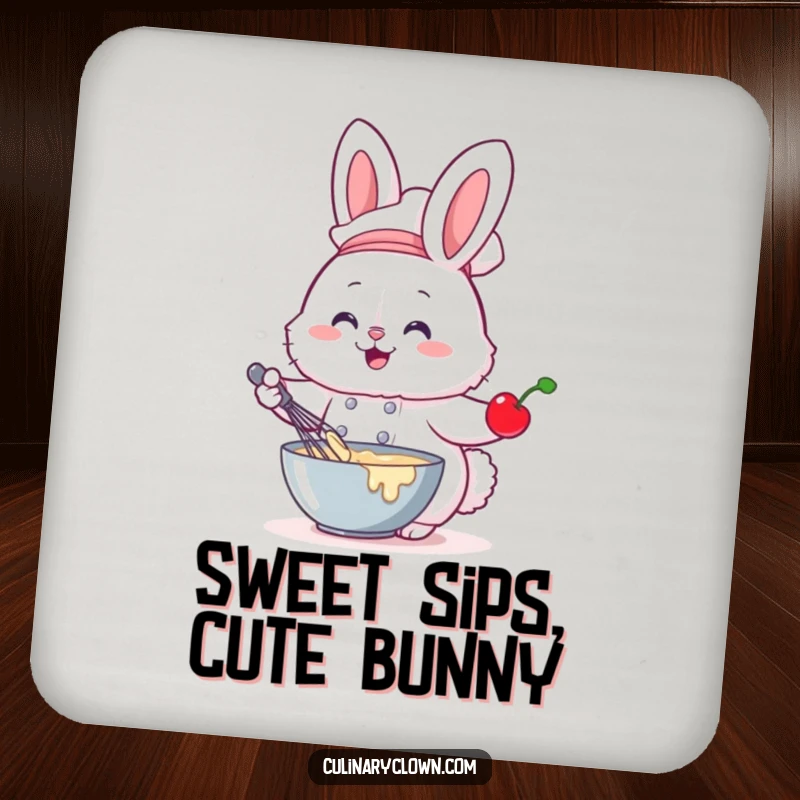 Funny coaster featuring a fluffy bunny chef whisking batter with a cherry, protecting surfaces with baking charm.