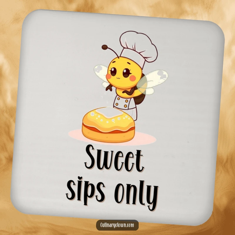 Funny bee chef sprinkling sugar onto a pastry, a cute and humorous design on a drink coaster.