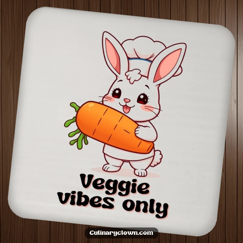 Funny kawaii bunny chef holding a giant carrot with pride, printed on a protective and charming drink coaster.