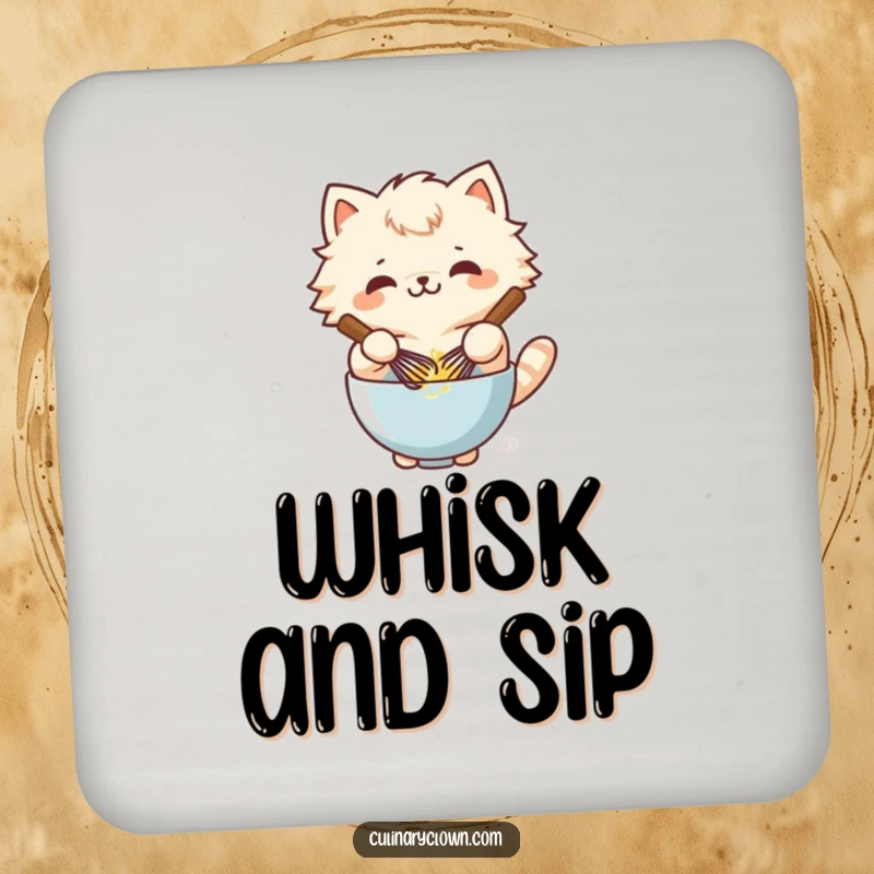 Funny kawaii cat character whisking batter on a drink coaster, protecting surfaces with feline charm.