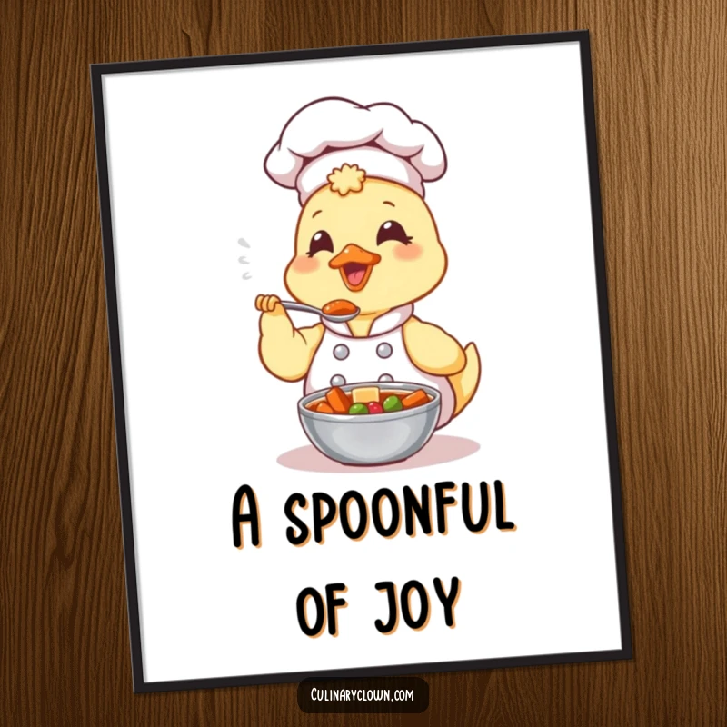 Funny Kawaii Duck Chef Poster: A cute duck chef is enthusiastically tasting a spoonful of hearty stew, depicted in a whimsical art style.