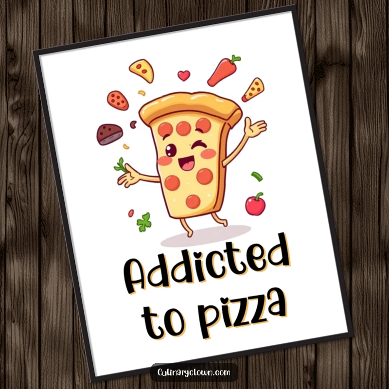 Funny Poster showcasing a cheerful pizza slice character joyfully juggling ingredients, adding a touch of foodie art and humor.