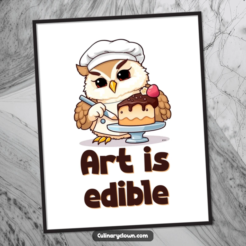 Funny owl chef poster print of an owl in chef attire, concentrating intensely on decorating a very small, elaborate cake.