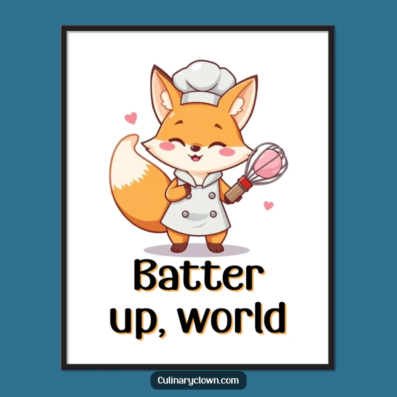 Funny Fox Chef Art Print - Whisking Batter Whimsy - Kitchen Decor Gift