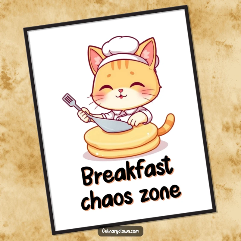 Funny kawaii cat chef attempting a dramatic pancake flip on a poster, bringing comedic kitchen vibes to any room.