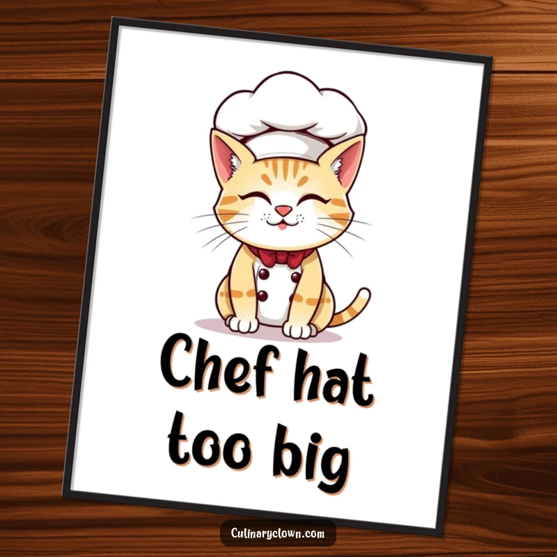 Funny poster art of a mischievous cat chef struggling with an oversized chef hat, bringing feline baking humor to any room.