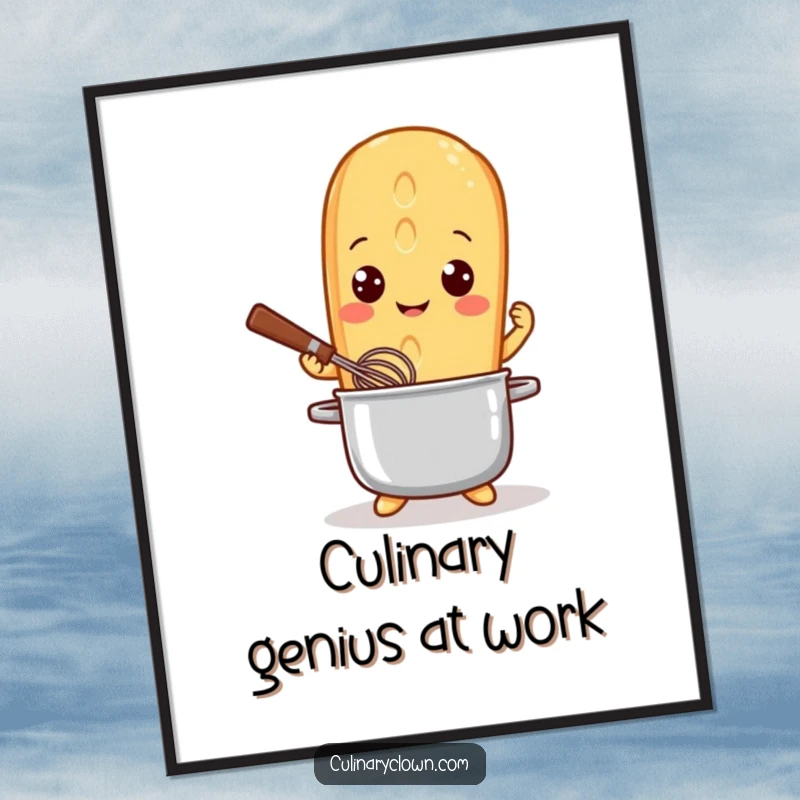 Funny Poster featuring a whimsical baguette character with sparkling eyes, energetically whisking a pot, bringing kitchen humor to life.