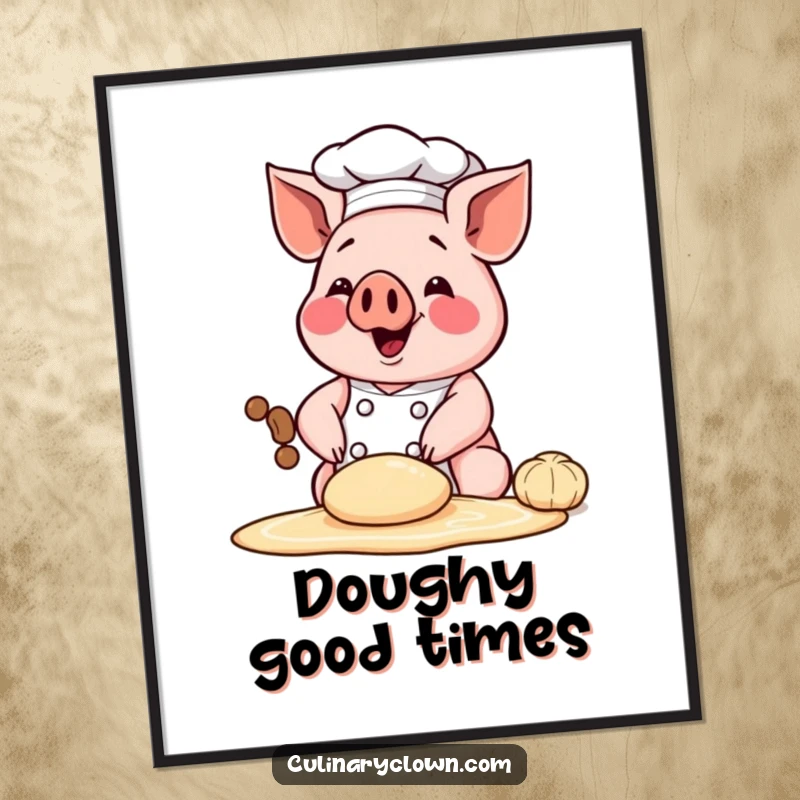 Funny poster of a happy chef pig character kneading dough, adding a touch of humorous baking charm to wall decor.