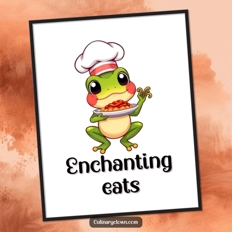 Funny chef frog proudly presenting a plated dish, creating a refined and humorous wall art piece.