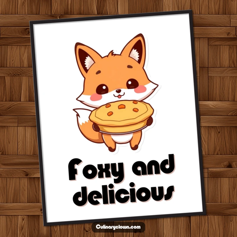 Funny poster showing a cheerful fox character proudly presenting a baked pie, bringing warmth and charm to any room.