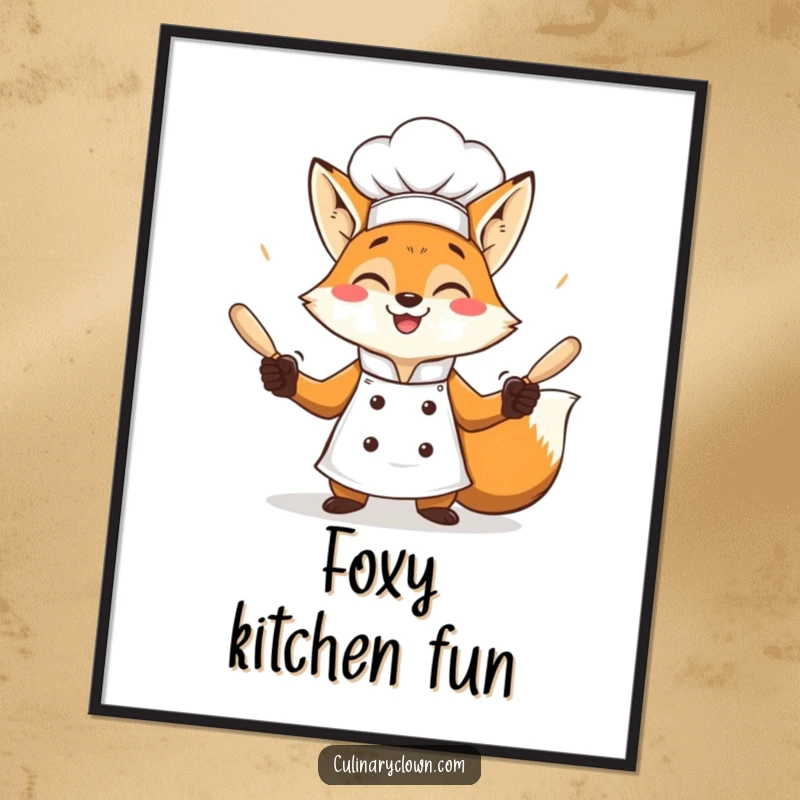 Funny fox chef juggling rolling pins with a wide grin, vibrant and humorous wall art.