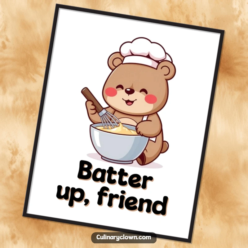 Funny poster art of a cheerful bear chef energetically whisking batter in a bowl with a large, dynamic whisk.