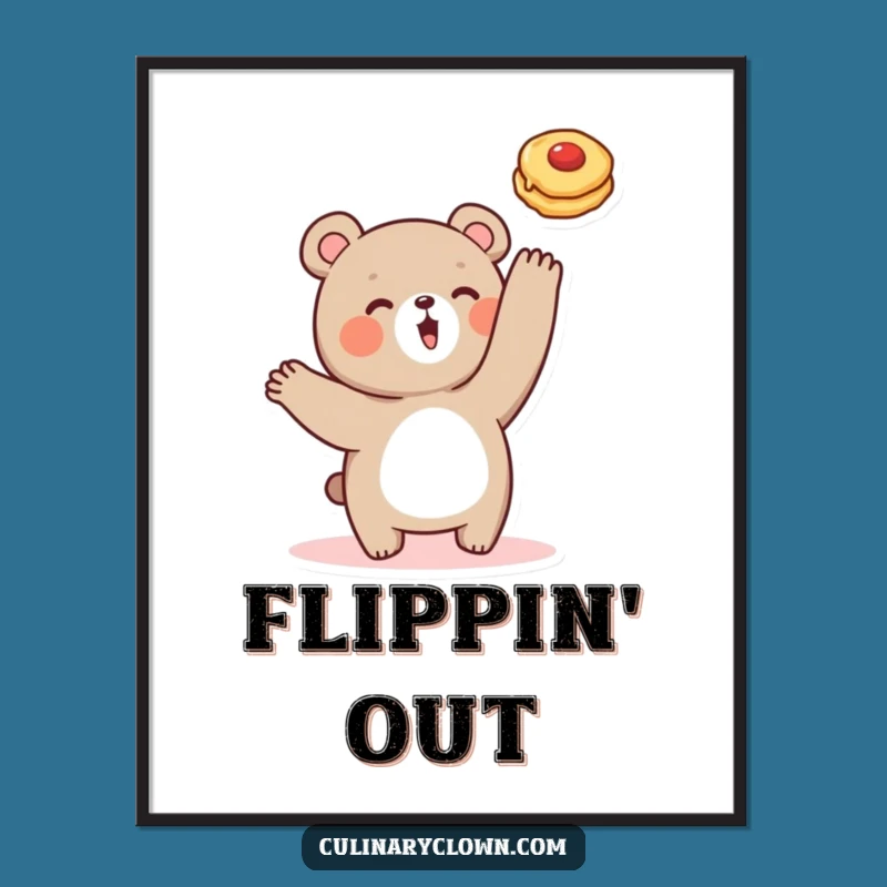 Funny Bear Pancake Flipping Poster: Hilarious Kitchen Art for Breakfast Lovers!