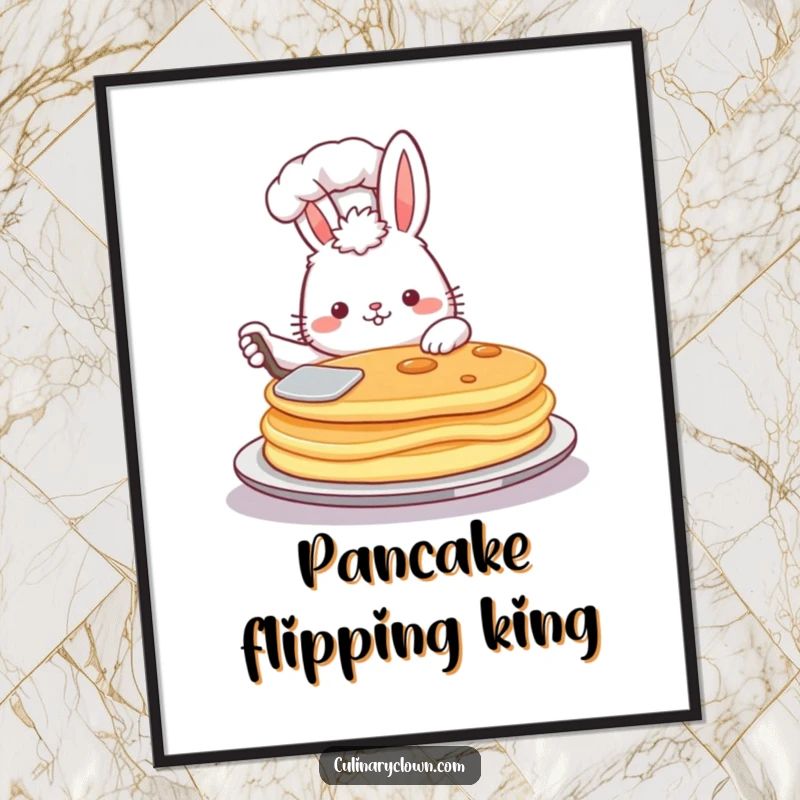 Funny poster art of a fluffy bunny chef confidently flipping a giant pancake with a spatula, showcasing culinary pride.