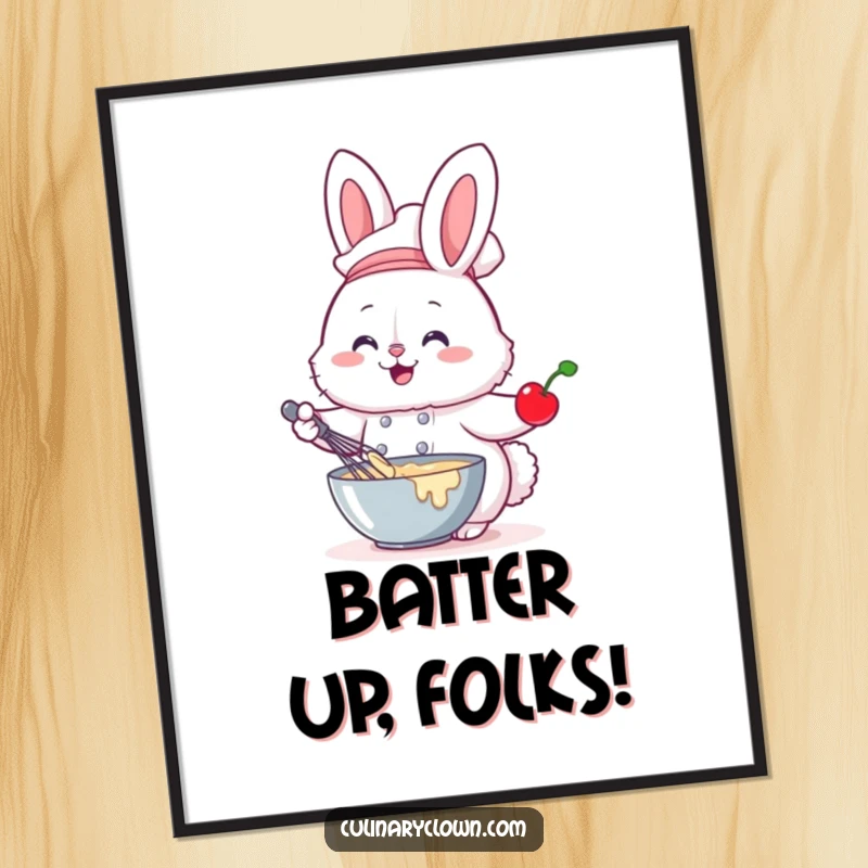 Funny poster art of a fluffy bunny chef whisking batter with a cherry, bringing sweet baking vibes to any room.
