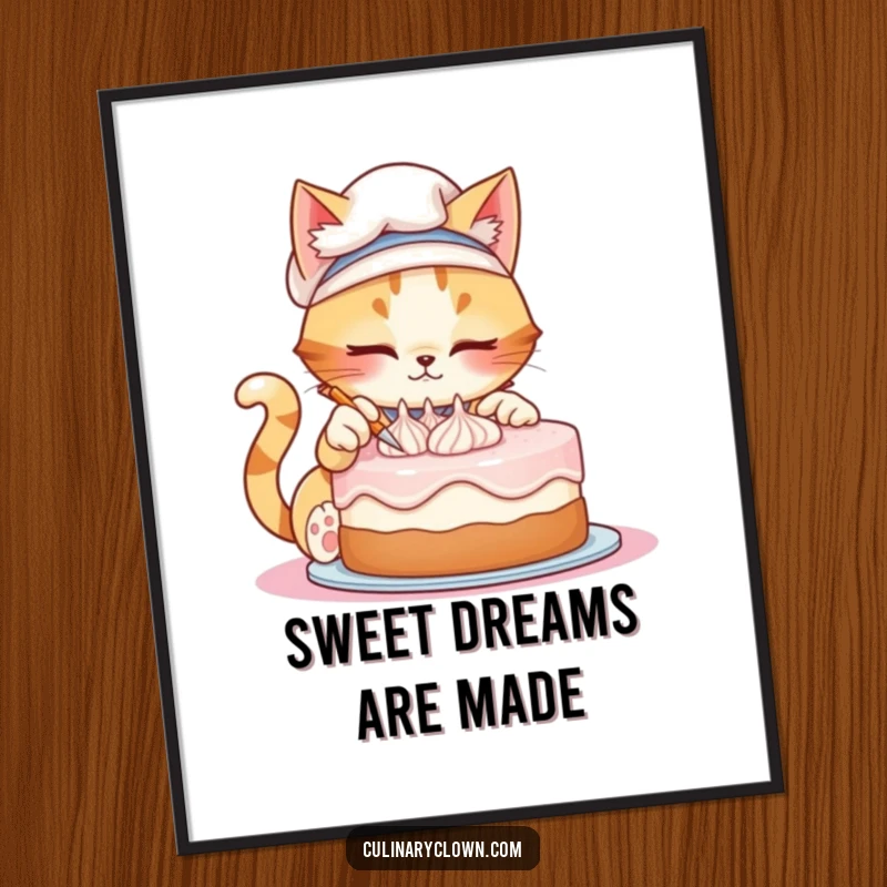 Funny poster depicting a mischievous cat chef delicately swirling frosting onto a cake, adding a touch of whimsy.