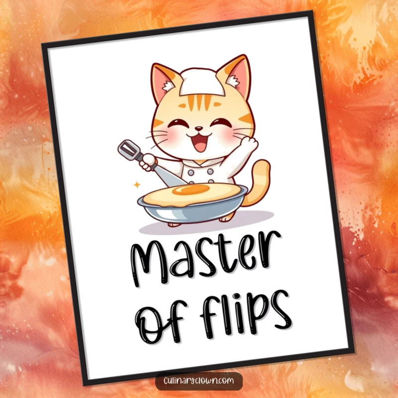Funny smiling cat chef character enthusiastically attempting to flip a giant pancake, making a dynamic funny poster.