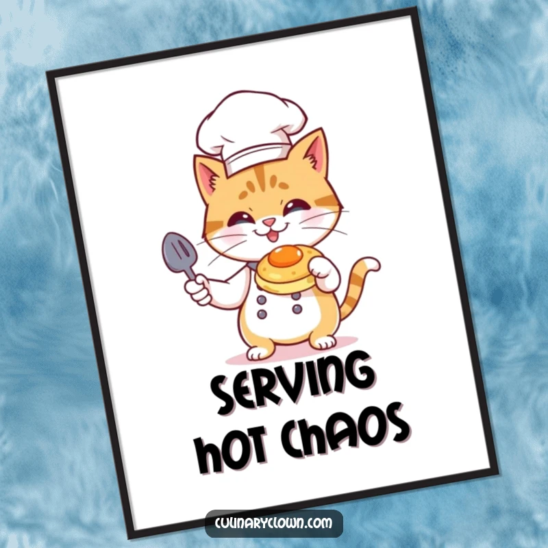 Funny Cat Chef Poster: A cat in a toque flambéing a pancake with a mischievous grin, framed with culinary flames.