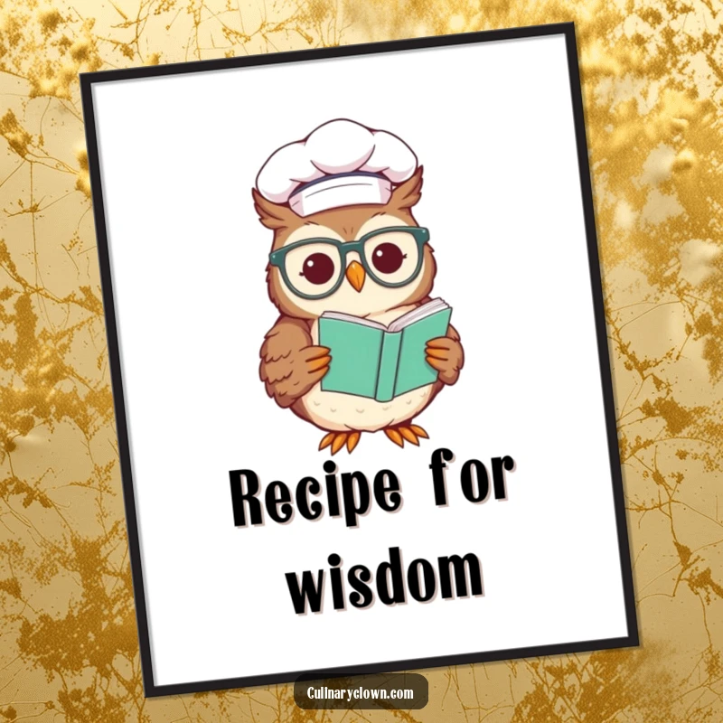 Funny poster of a smiling chef owl wearing glasses, intently reading a recipe, adding wise and humorous appeal to wall decor.