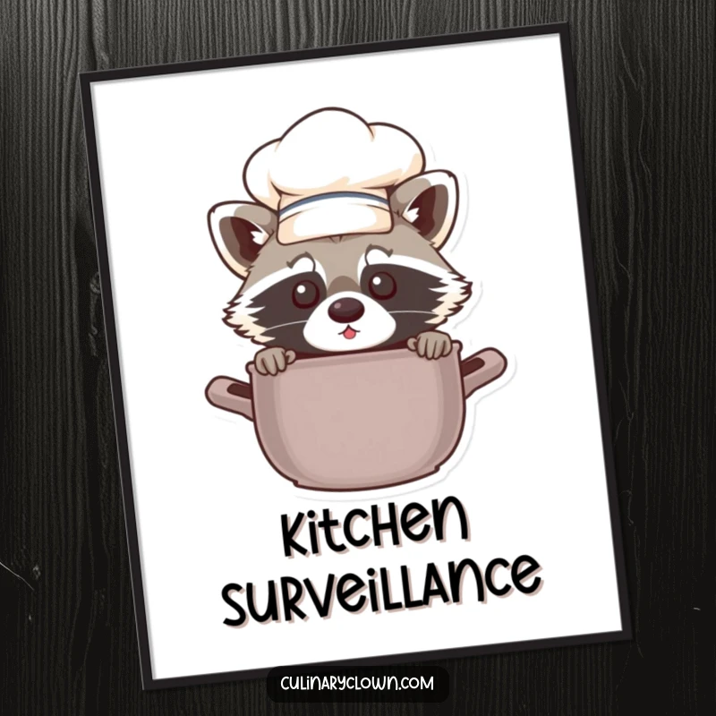 Funny chef raccoon peeking from behind a pot, displayed as humorous wall art for kitchens or dining areas.