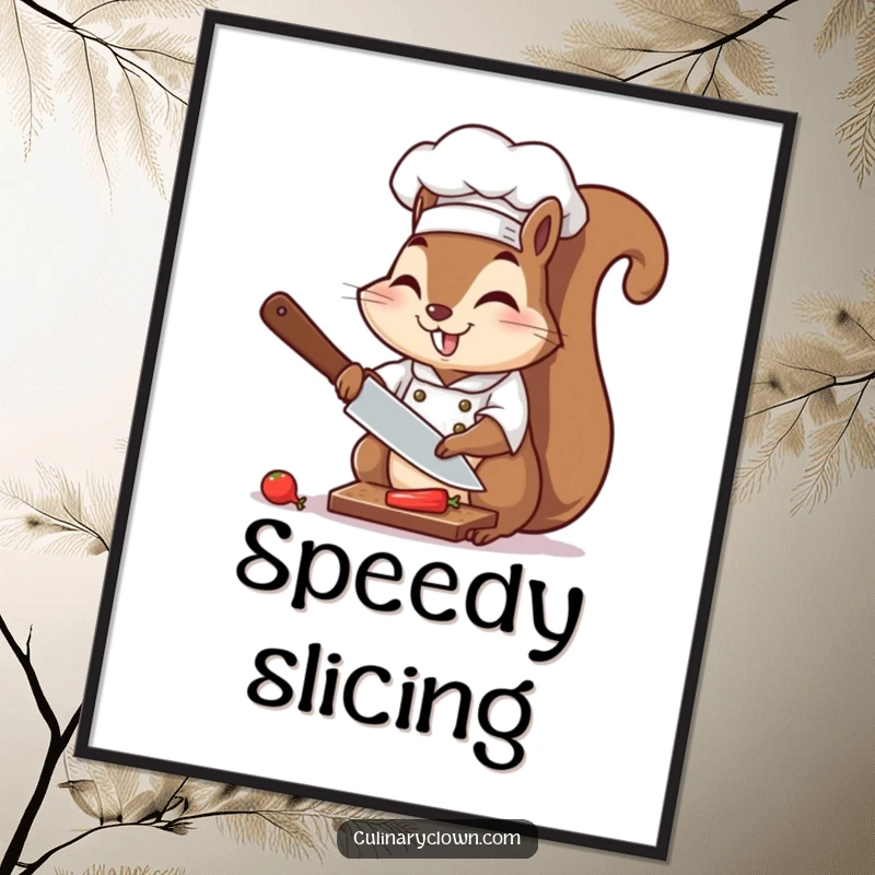 Funny chef squirrel enthusiastically chopping food, presented as vibrant and humorous wall art.