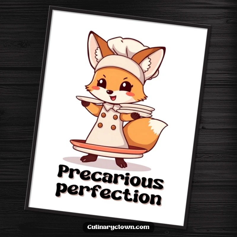 Funny Fox Chef Poster: A comical illustration of a fox chef losing balance with a tower of plates, perfect for humorous wall art.