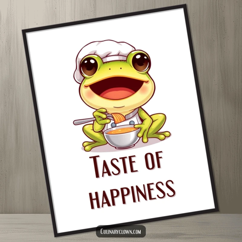 Funny frog chef poster print of a gleeful frog in chef attire, excitedly tasting a spoonful of flavorful soup.
