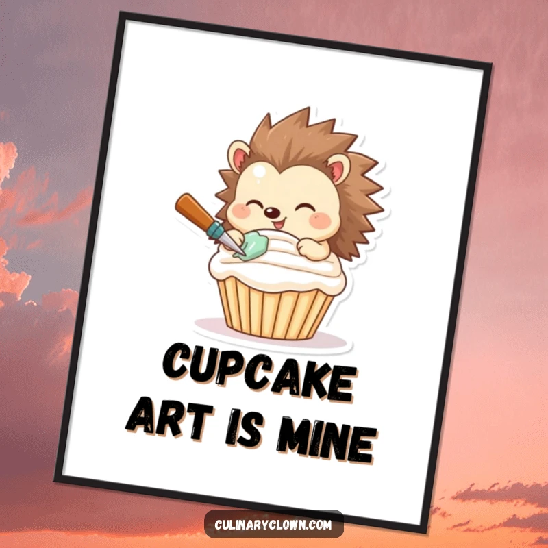 Funny poster of a smiling hedgehog character expertly frosting a cupcake with a focused and happy expression.