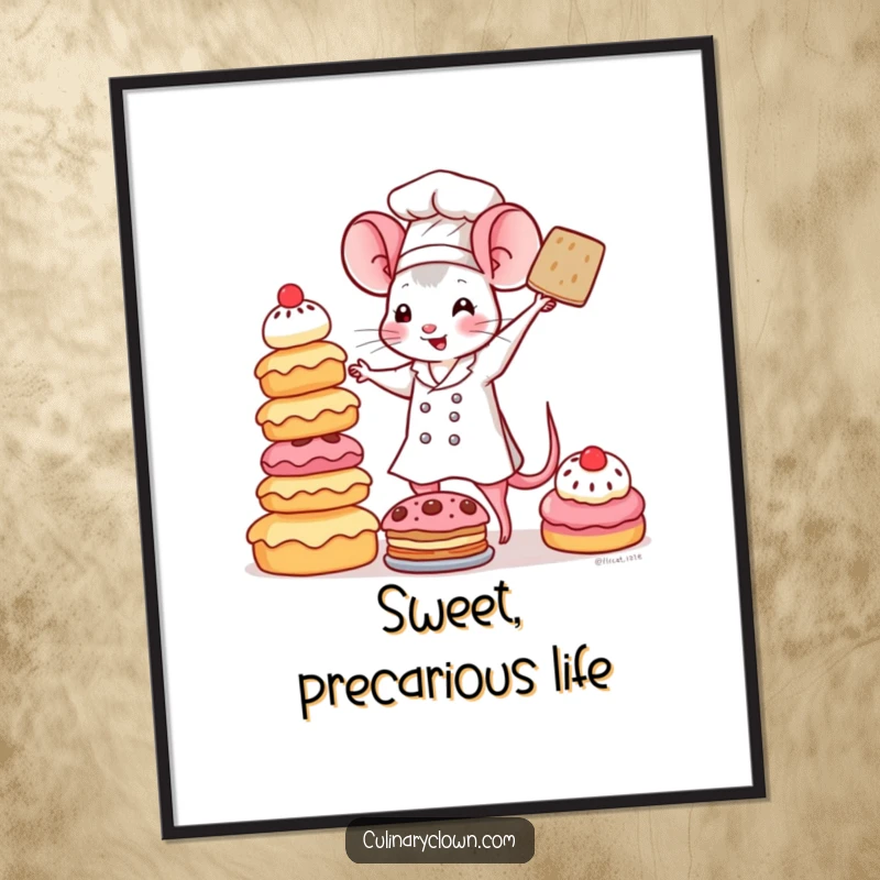 Funny Kawaii Mouse Chef Poster: A detailed illustration of a kawaii mouse chef balancing a tall, unstable tower of colorful pastries on a counter.