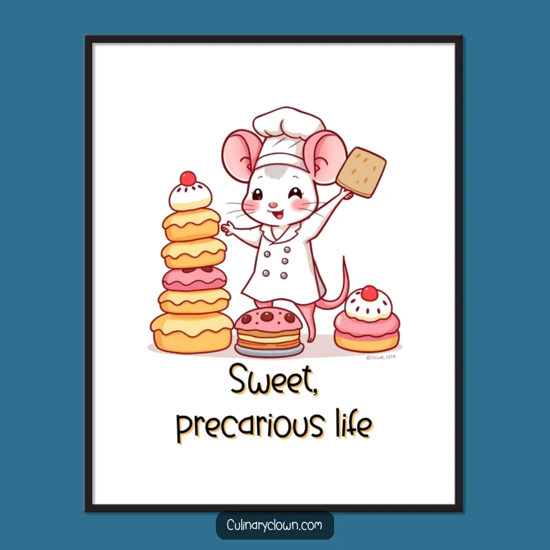 Funny Kawaii Mouse Chef Poster: Whimsical Pastry Tower Art, Charming Funny Gift for Kitchens
