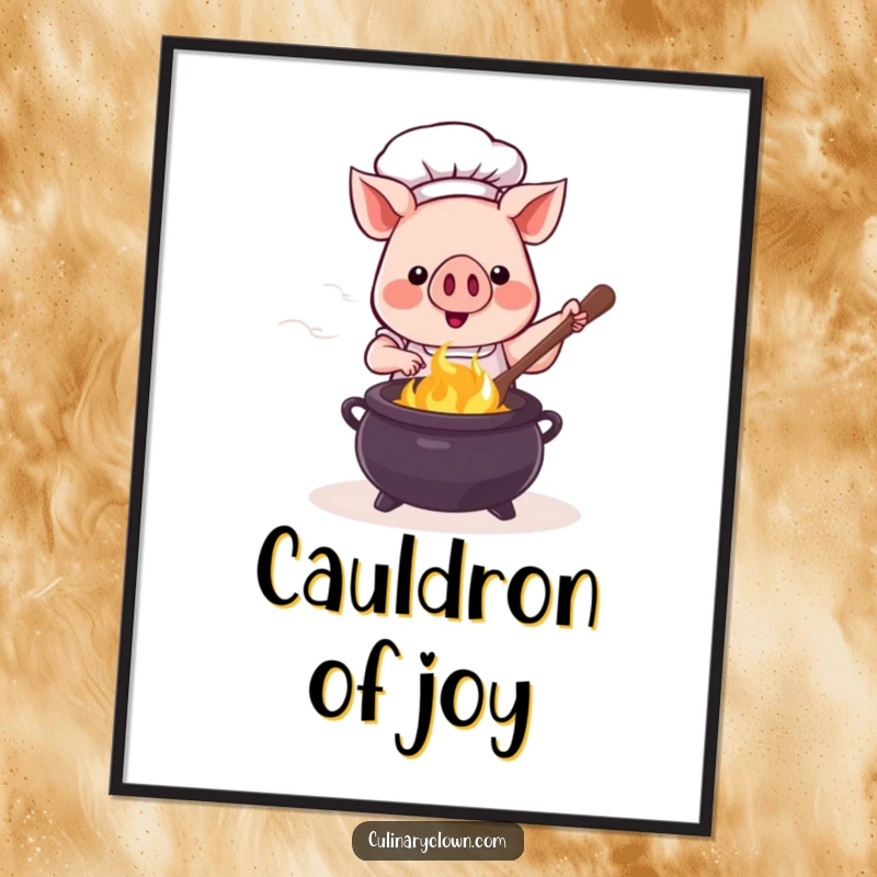 Funny kawaii pig chef stirring a large, bubbling cauldron with a ladle, creating a whimsical and funny poster artwork.