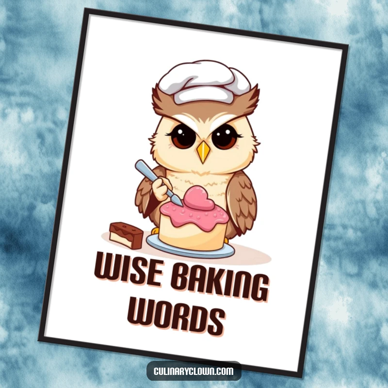Funny owl chef character focused on decorating a miniature cake, whimsical wall art.