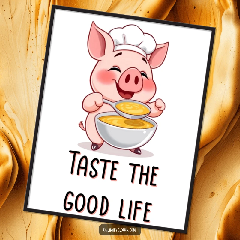 Funny poster of a happy pig chef character gleefully tasting a giant spoonful of soup, adding a cheerful culinary touch.