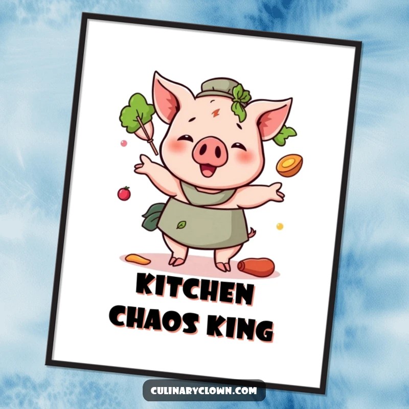 Funny Pig Juggling Ingredients Poster depicting a happy pig character in a chaotic yet cheerful juggling act with kitchen staples.