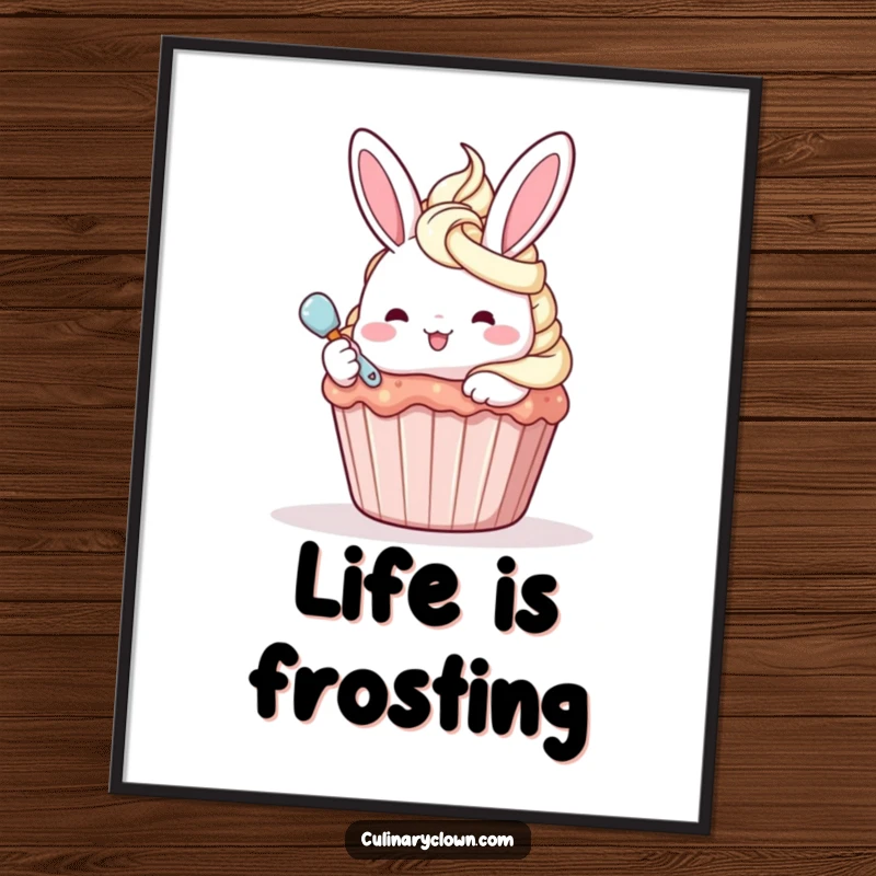 Funny kawaii bunny character happily frosting a cupcake on a poster, adding a cheerful touch to decor.