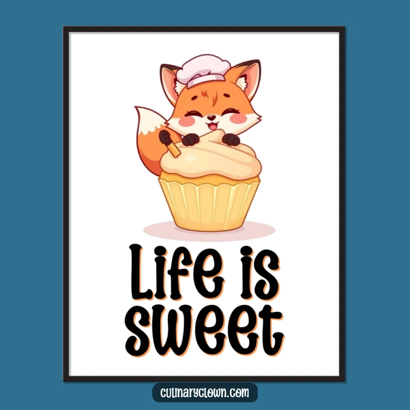 Funny Kawaii Fox Chef Poster: Cute Cupcake Decorating Art Print, Perfect Funny Gift