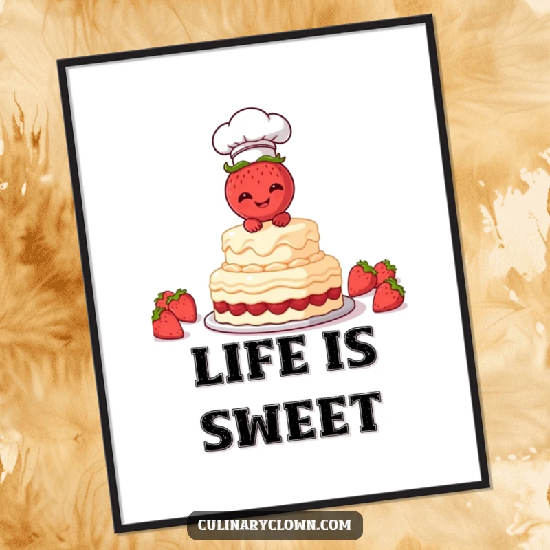 Funny Poster of a smiling strawberry chef character frosting a cake, adding a cheerful and humorous artistic touch.