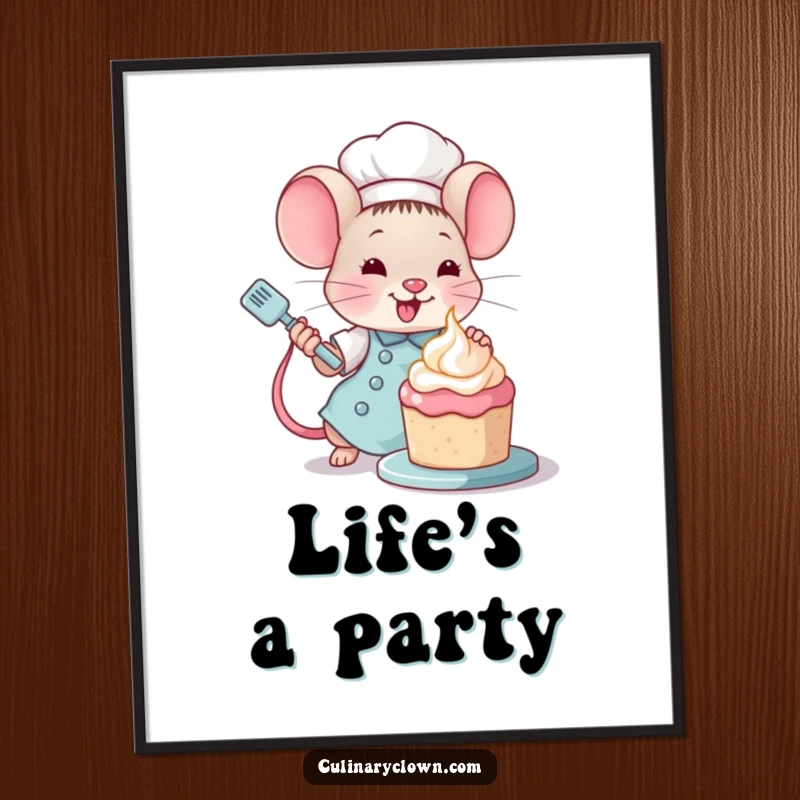Funny Kawaii Mouse Chef Poster: Adorable mouse chef decorating a tiny cake, adding a touch of sweet humor.