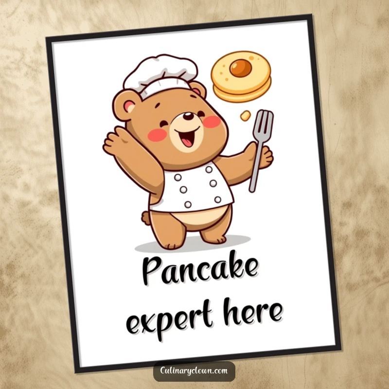 Funny poster art of a happy bear chef playfully tossing a pancake, bringing breakfast cheer to any room.