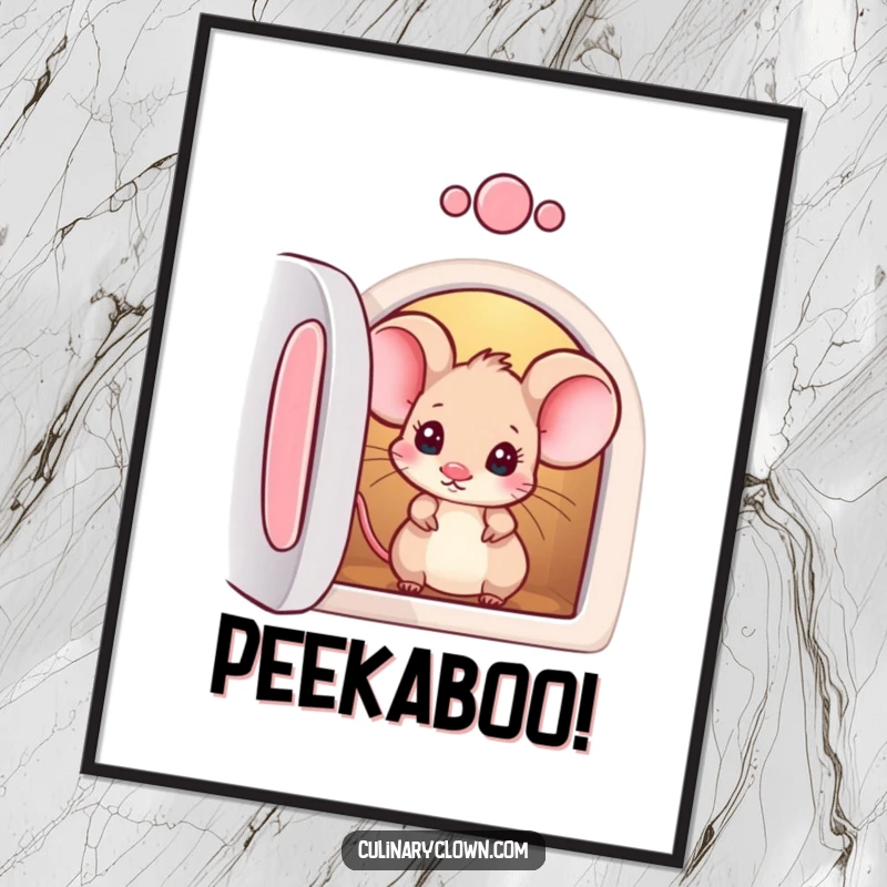 Funny poster print of a curious mouse character with wide eyes peeking into an oven, a delightful piece of art.