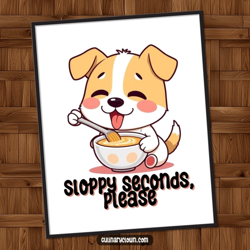 Funny poster of a happy dog character with a huge smile, enthusiastically tasting a bowl of delicious soup.