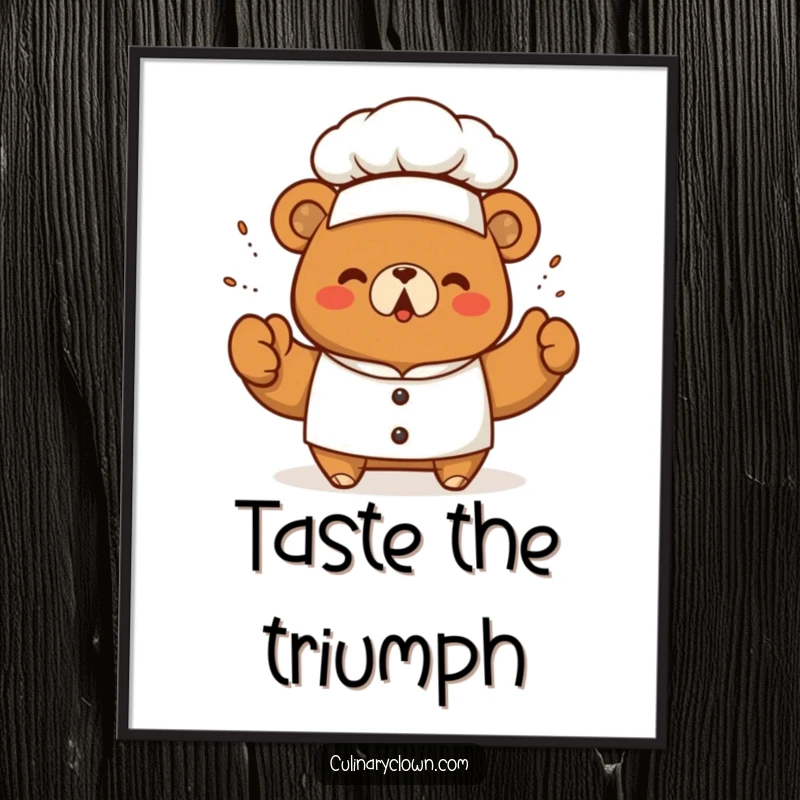 Funny kawaii bear chef triumphantly sprinkling seasoning, displayed as a delightful poster for gourmet wall art.