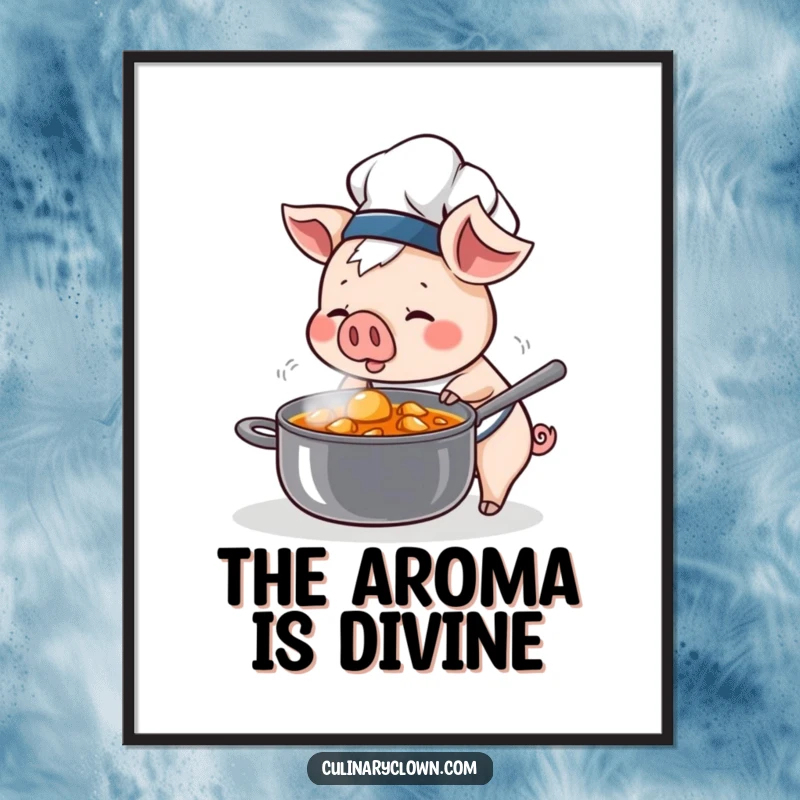 Funny Kawaii Pig Chef Poster: Adorable pig chef sniffing a steaming pot, adding a touch of kitchen humor.