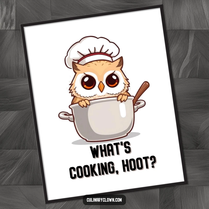 Funny owl chef looking into a steaming pot, a humorous and artistic poster for curious minds and kitchens.