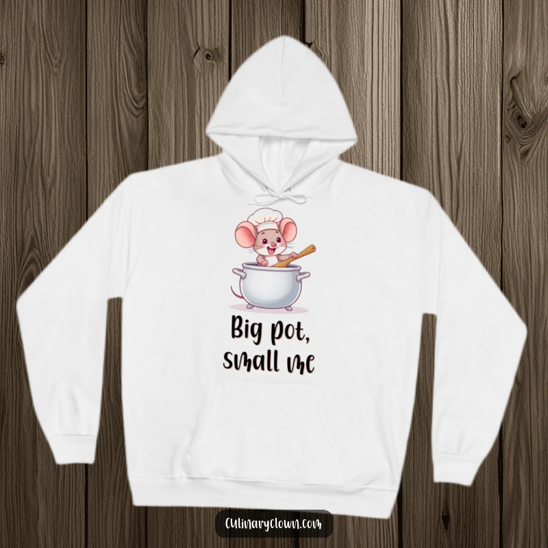 Funny Mouse Chef Hoodie: A joyful mouse chef intensely stirs a large pot, offering cozy warmth and a touch of kitchen fun.
