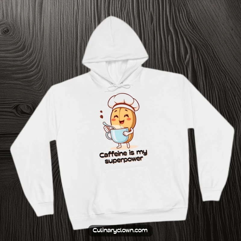 Funny hoodie featuring a cheerful coffee bean chef character stirring a warm mug, offering cozy and humorous wear for coffee fans.