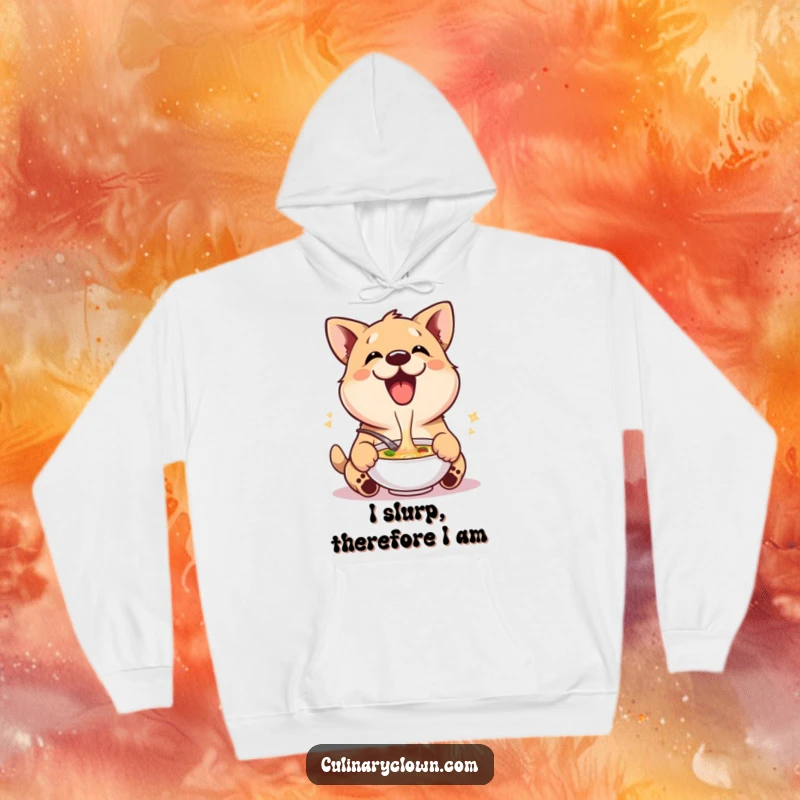 Funny hoodie featuring a delighted dog character enthusiastically enjoying a warm bowl of soup, exuding comfort and joy.