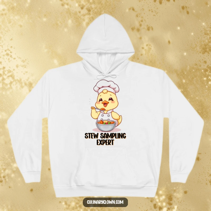 Funny Kawaii Duck Chef Hoodie: A cute duck chef is seen happily tasting a spoonful of rich, delicious stew, radiating culinary joy.