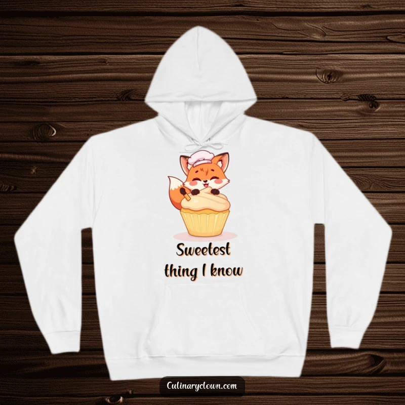Funny Kawaii Fox Chef Hoodie: Soft and warm sweatshirt featuring a cute cartoon fox chef gleefully decorating a giant cupcake with frosting.