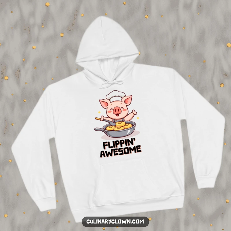 Funny Kawaii Pig Chef Hoodie: Soft and warm sweatshirt featuring a cute cartoon pig chef happily flipping pancakes in a pan, perfect for cozy vibes.